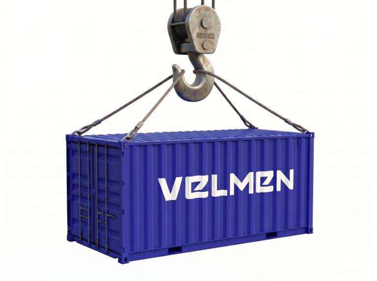Contenedor azul con el logo de VELMEN